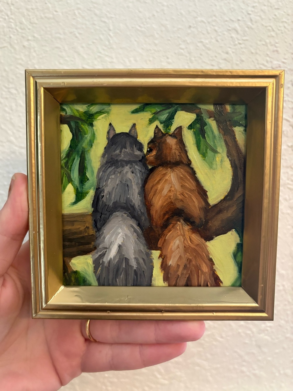 "Together #2” Original oil painting on wood board mini framed 4x4"